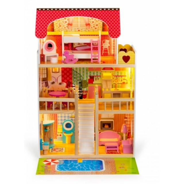 Drevený domček pre bábiky s nábytkom, bazénom a osvetlením