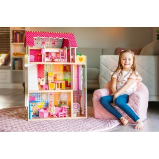 Drevený domček pre bábiky s výťahom + 2 bábiky - Malinová rezidencia