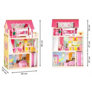 Drevený domček pre bábiky s výťahom + 2 bábiky - Malinová rezidencia
