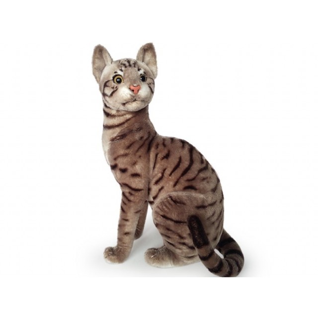 Plyšová sediaca mačka tigrovaná hnedosivá