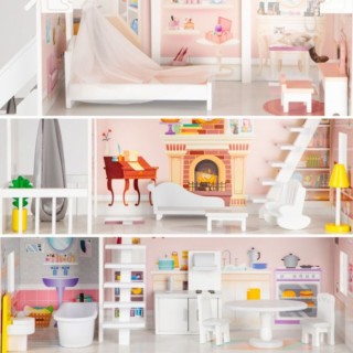 Drevený domček pre bábiky XXL Rezidencia s vybavením, púdrový