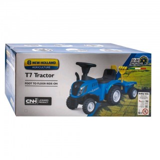 Detské odrážadlo traktor s vlečkou a náradim New Holland