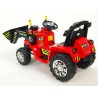 Traktor s ovládateľnou lyžícou 12V, mohutnými kolesami a konštrukcio, zvukovými a sveteľnými efektami, 2xnáhon, červený