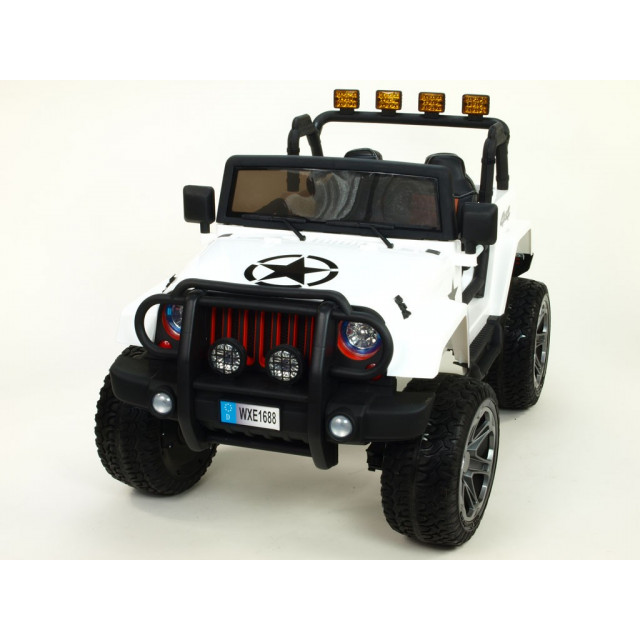 Džíp wrangler 4x4, náhon 4 Eva kolies, batérie 2x 12V/10Ah, 2,4G DO, USB,SD,Mp3,FM, otváracie dvere, čalunená sedačka, pérovanie