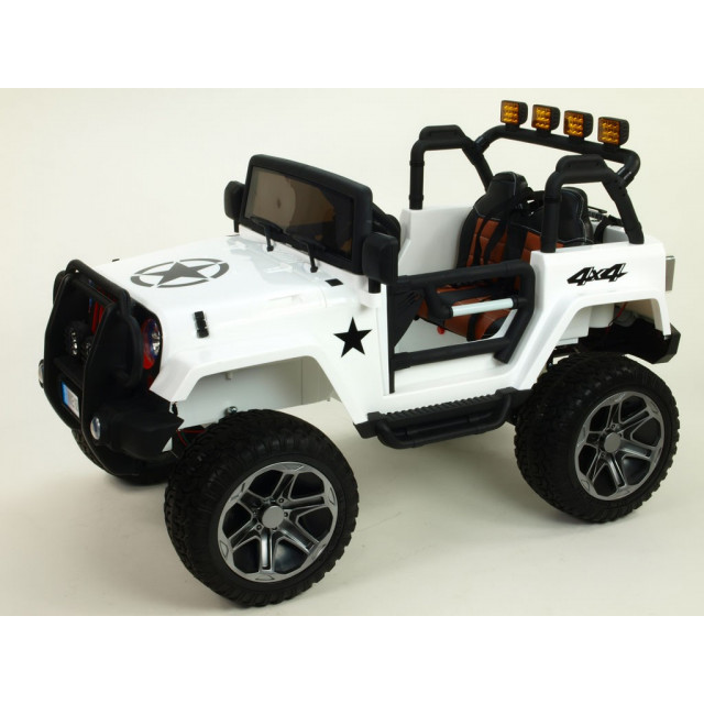 Džíp wrangler 4x4, náhon 4 Eva kolies, batérie 2x 12V/10Ah, 2,4G DO, USB,SD,Mp3,FM, otváracie dvere, čalunená sedačka, pérovanie