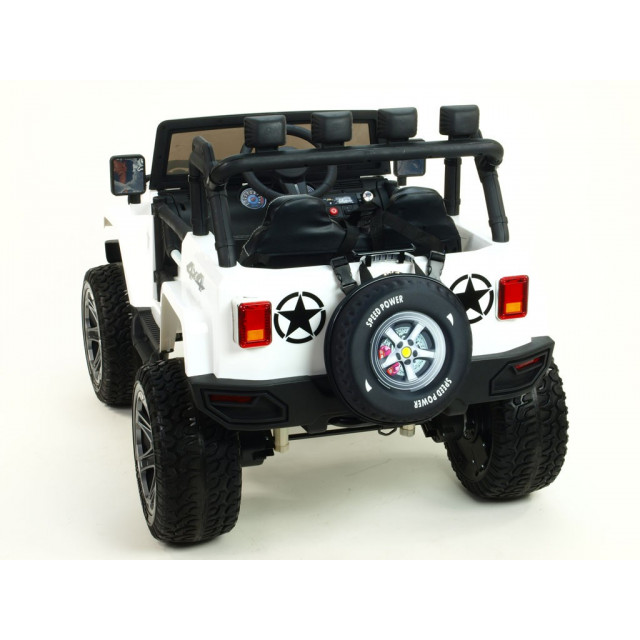 Džíp wrangler 4x4, náhon 4 Eva kolies, batérie 2x 12V/10Ah, 2,4G DO, USB,SD,Mp3,FM, otváracie dvere, čalunená sedačka, pérovanie