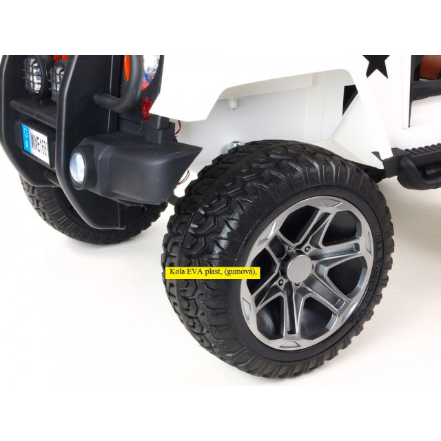 Džíp wrangler 4x4, náhon 4 Eva kolies, batérie 2x 12V/10Ah, 2,4G DO, USB,SD,Mp3,FM, otváracie dvere, čalunená sedačka, pérovanie