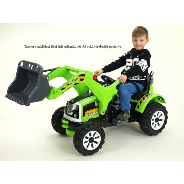 Traktor Kingdom s ovladatelnou výkopovou lyžicou, mohutnými kolesami a konstrukciou, 2x motor 12V, 2x náhon, modrý