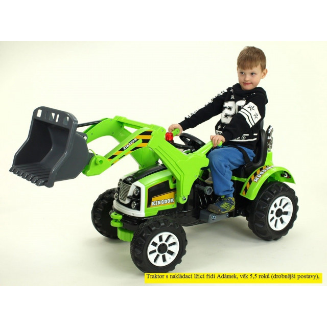 Traktor Kingdom s ovladatelnou výkopovou lyžicou, mohutnými kolesami a konstrukciou, 2x motor 12V, 2x náhon, modrý