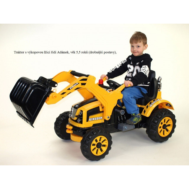 Traktor Kingdom s ovladatelnou výkopovou lyžicou, mohutnými kolesami a konstrukciou, 2x motor 12V, 2x náhon, zelený