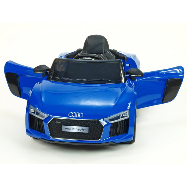 Audi R8 Spyder s 2.4G DO, EVA kolesami, otváracími dverami, LED osvetlením, FM, čalunenou sedačkou, lakované modré