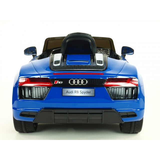Audi R8 Spyder s 2.4G DO, EVA kolesami, otváracími dverami, LED osvetlením, FM, čalunenou sedačkou, lakované modré