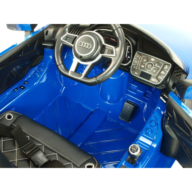 Audi R8 Spyder s 2.4G DO, EVA kolesami, otváracími dverami, LED osvetlením, FM, čalunenou sedačkou, lakované modré