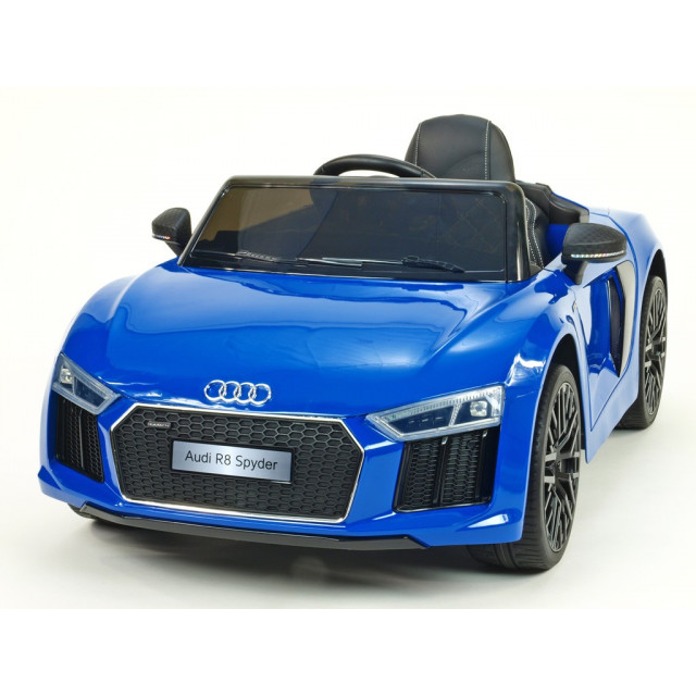 Audi R8 Spyder s 2.4G DO, EVA kolesami, otváracími dverami, LED osvetlením, FM, čalunenou sedačkou, lakované modré