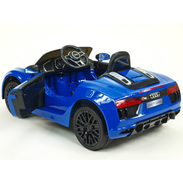 Audi R8 Spyder s 2.4G DO, EVA kolesami, otváracími dverami, LED osvetlením, FM, čalunenou sedačkou, lakované modré