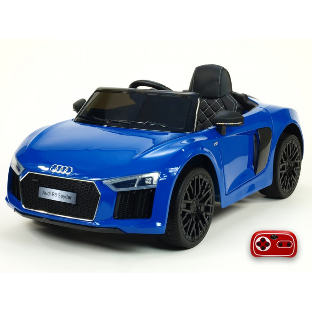 Audi R8 Spyder s 2.4G DO, EVA kolesami, otváracími dverami, LED osvetlením, FM, čalunenou sedačkou, lakované modré