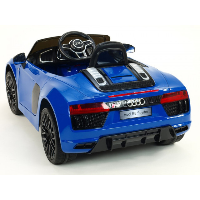 Audi R8 Spyder s 2.4G DO, EVA kolesami, otváracími dverami, LED osvetlením, FM, čalunenou sedačkou, lakované modré