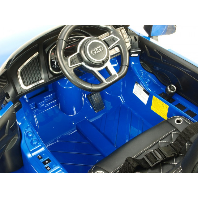 Audi R8 Spyder s 2.4G DO, EVA kolesami, otváracími dverami, LED osvetlením, FM, čalunenou sedačkou, lakované modré