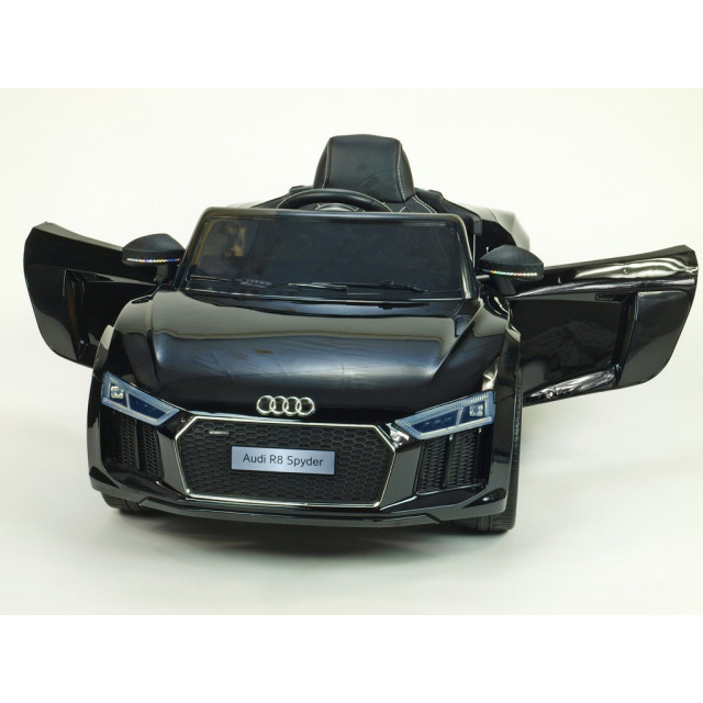 Audi R8 Spyder s 2.4G DO, EVA kolesami, otváracími dverami, LED osvetlením, FM, čalunenou sedačkou, lakované modré