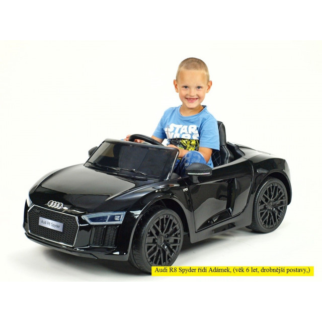 Audi R8 Spyder s 2.4G DO, EVA kolesami, otváracími dverami, LED osvetlením, FM, čalunenou sedačkou, lakované modré