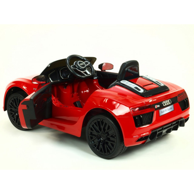 Audi R8 Spyder s 2.4G DO, EVA kolesami, otváracími dverami, LED osvetlením, FM, čalunenou sedačkou, lakované modré