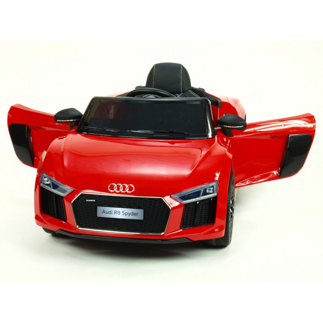 Audi R8 Spyder s 2.4G DO, EVA kolesami, otváracími dverami, LED osvetlením, FM, čalunenou sedačkou, lakované modré