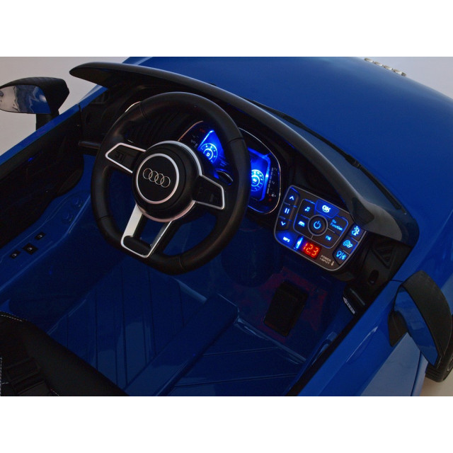 Audi R8 Spyder s 2.4G DO, EVA kolesami, otváracími dverami, LED osvetlením, FM, čalunenou sedačkou, lakované modré