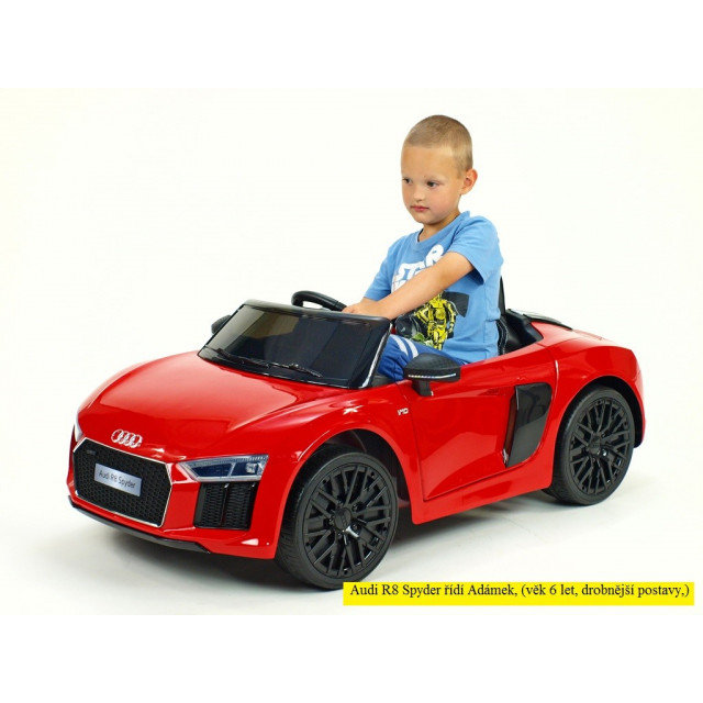 Audi R8 Spyder s 2.4G DO, EVA kolesami, otváracími dverami, LED osvetlením, FM, čalunenou sedačkou, lakované modré