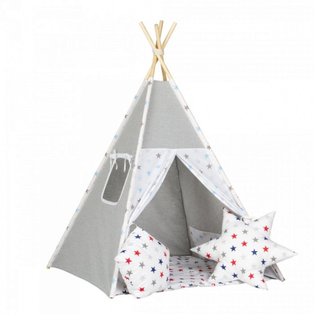 Stan pre deti teepee, típí s výbavou - sivý / hviezdy v modré, bodky