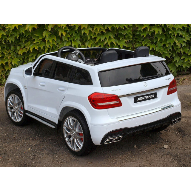 Dvojmiestný Mercedes GLS63 4x4,EVA kolesá,2,4G DO,LED osvetlenie,pérovanie,voltmeter,FM,USB,TF,čalunené sedačky,lakovaný biely