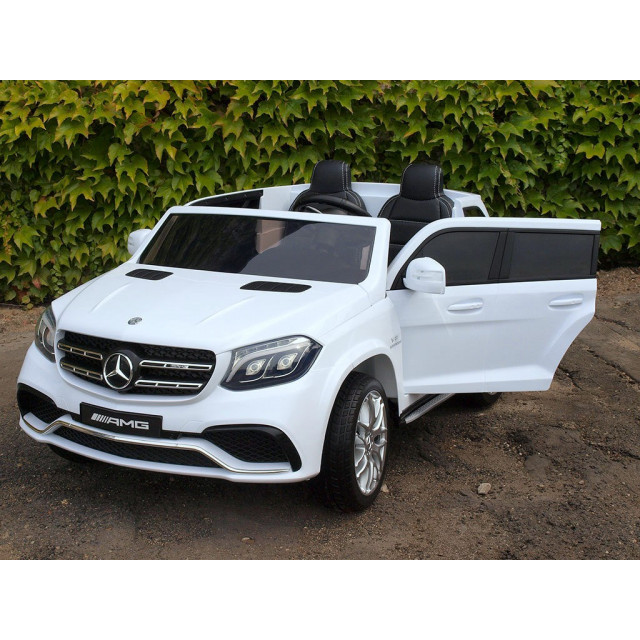 Dvojmiestný Mercedes GLS63 4x4,EVA kolesá,2,4G DO,LED osvetlenie,pérovanie,voltmeter,FM,USB,TF,čalunené sedačky,lakovaný biely