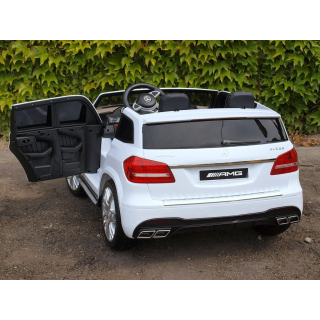 Dvojmiestný Mercedes GLS63 4x4,EVA kolesá,2,4G DO,LED osvetlenie,pérovanie,voltmeter,FM,USB,TF,čalunené sedačky,lakovaný biely