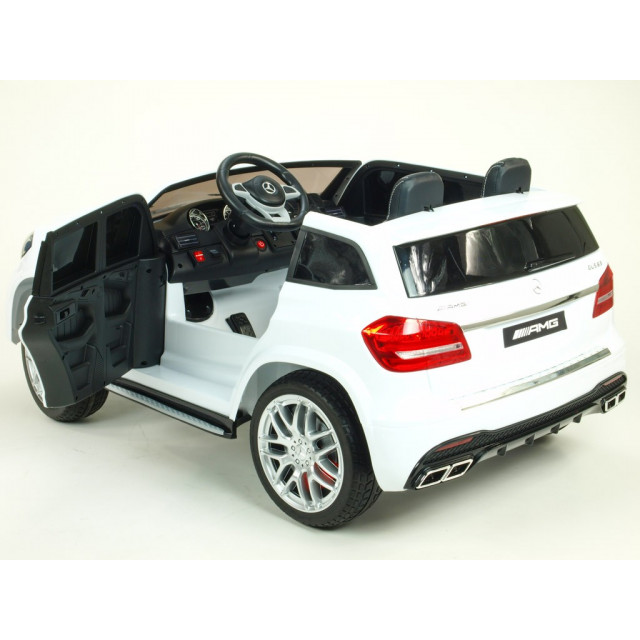 Dvojmiestný Mercedes GLS63 4x4,EVA kolesá,2,4G DO,LED osvetlenie,pérovanie,voltmeter,FM,USB,TF,čalunené sedačky,lakovaný biely