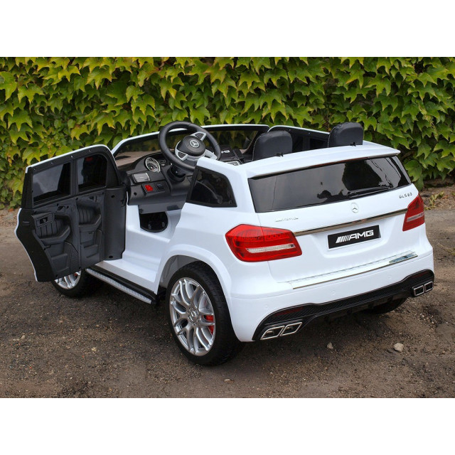 Dvojmiestný Mercedes GLS63 4x4,EVA kolesá,2,4G DO,LED osvetlenie,pérovanie,voltmeter,FM,USB,TF,čalunené sedačky,lakovaný biely