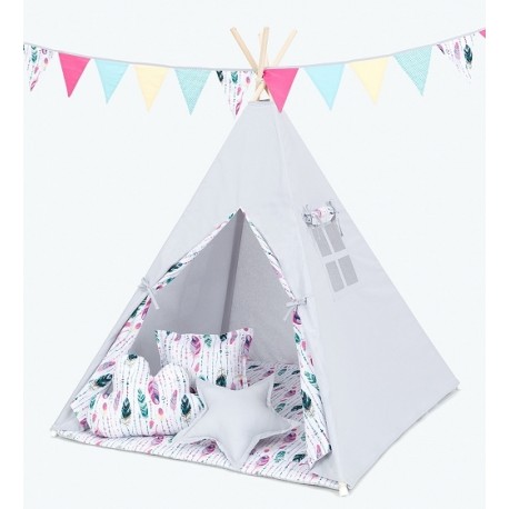 Stan pre deti teepee, típí s výbavou - sivý / hviezdy v modré, bodky