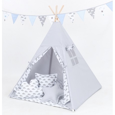 Stan pre deti teepee, típí s výbavou - sivý / hviezdy v modré, bodky