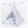 Stan pre deti teepee, típí s výbavou - sivý / hviezdy v modré, bodky
