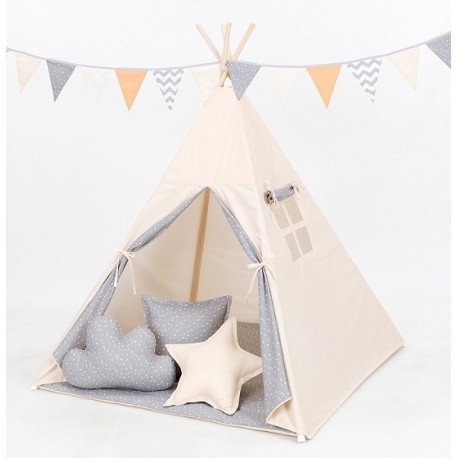 Stan pre deti teepee, típí s výbavou - sivý / hviezdy v modré, bodky