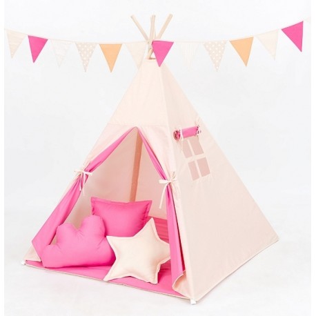 Stan pre deti teepee, típí s výbavou - sivý / hviezdy v modré, bodky