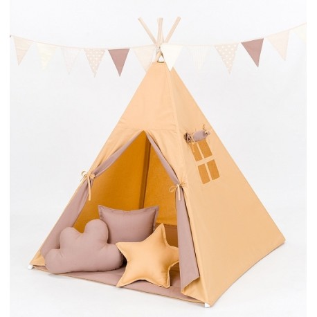 Stan pre deti teepee, típí s výbavou - sivý / hviezdy v modré, bodky