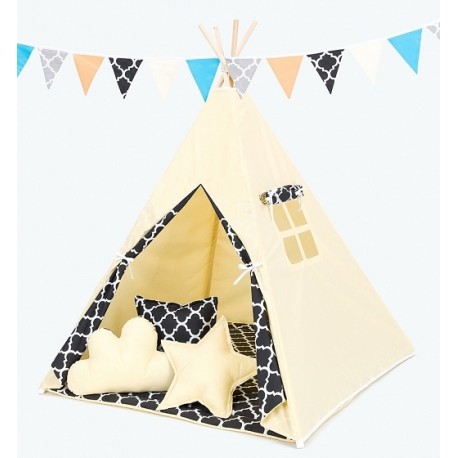 Stan pre deti teepee, típí s výbavou - sivý / hviezdy v modré, bodky