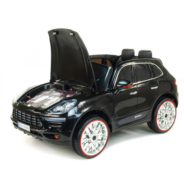 BMW X6 s 2,4G bluetooth DO, EVA kolesami, otváracími dverami,12V, čalunenou vyšívanou sedačkou, lakované čiernou farbou