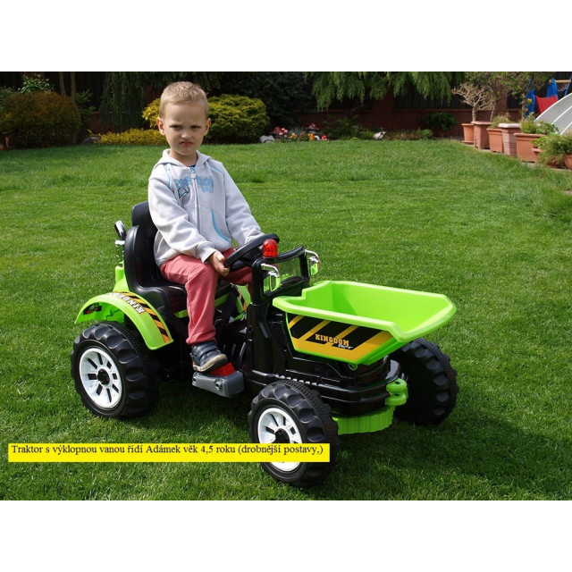 Traktor Kingdom s výklopnou korbou, mohutnými kolesami a konštrukciou, 2x motor 12V, 2x náhon, zelený