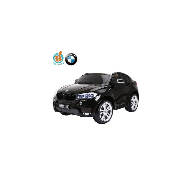 BMW X6 s 2,4G bluetooth DO, EVA kolesami, otváracími dverami,12V, čalunenou vyšívanou sedačkou, lakované čiernou farbou