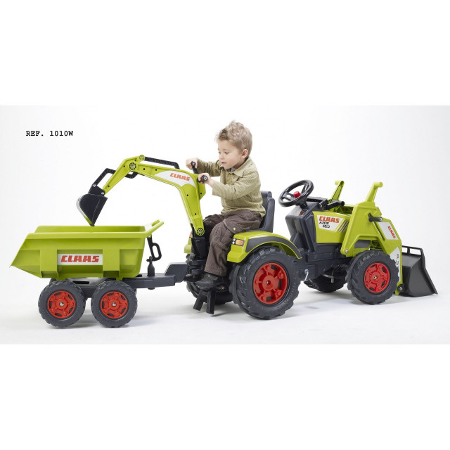 Šlapací traktor Claas Axos 330 s 2 funkčnými lyžicami, 2 kolesovým výklopným valníkom, dĺžka 225cm, Made in Francie