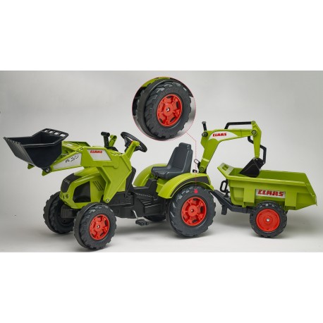 Šlapací traktor Claas Axos 330 s 2 funkčnými lyžicami, 2 kolesovým výklopným valníkom, dĺžka 225cm, Made in Francie