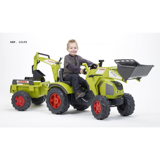 Šlapací traktor Claas Axos 330 s 2 funkčnými lyžicami, 2 kolesovým výklopným valníkom, dĺžka 225cm, Made in Francie