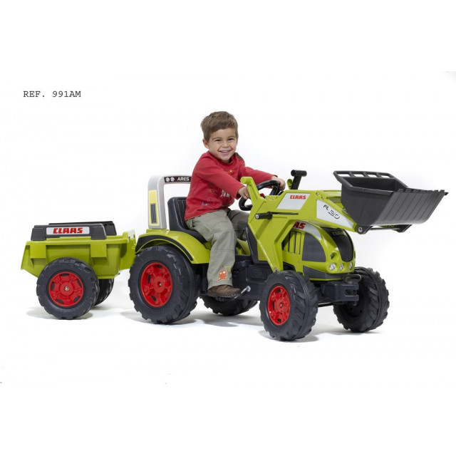 Šlapací traktor Claas Axos 330 s 2 funkčnými lyžicami, 2 kolesovým výklopným valníkom, dĺžka 225cm, Made in Francie