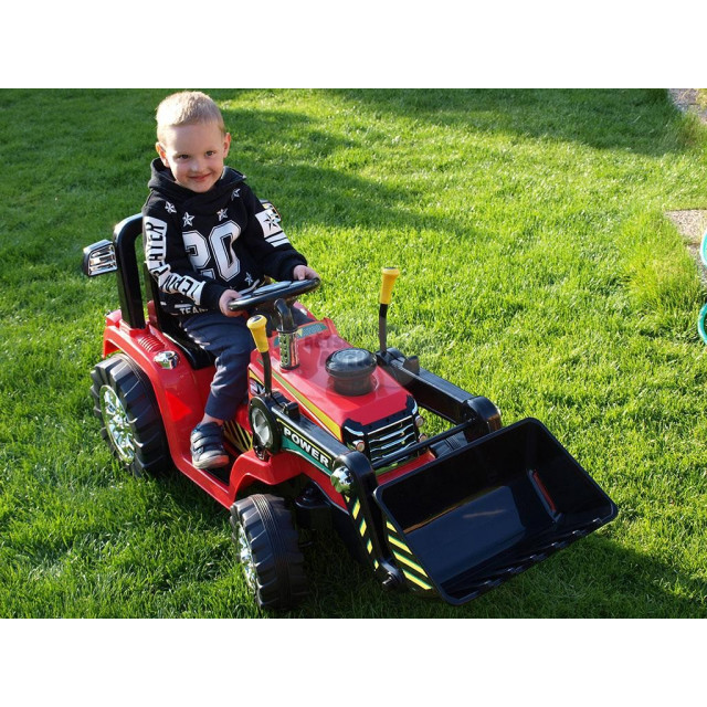 Traktor 12V, s mohutnými kolesami a konštrukciou, svetelnými LED efekty, 2xnáhon, červený