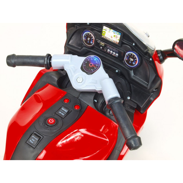 Cestná závodná motorka, 12 V, 2x motor, EVA kolesá, voltmeter, USB, TF, Mp3, LED osvetlenie